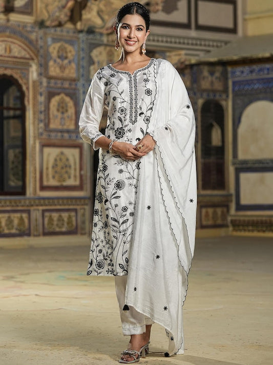Scakhi Floral Embroidered Dobby Weave Chikankari Kurta & Trousers With Dupatta