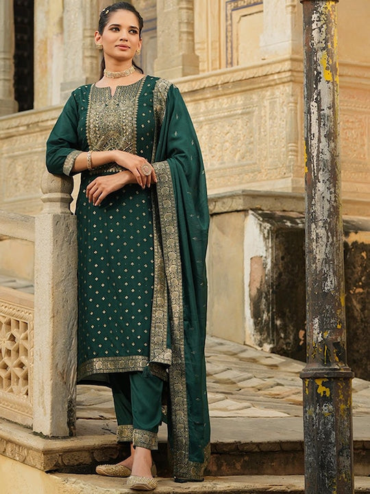 Scakhi Women Green Ethnic Motifs Pure Silk Kurta with Trousers & With Dupatta