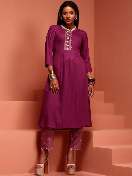 IMARA Floral Yoke Design Thread Work Pleated A-Line Kurta With Trouser