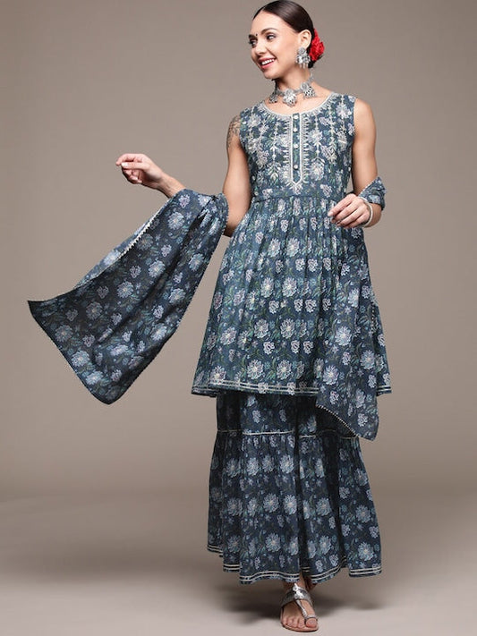 Anubhutee Floral Printed Thread & Mirror Work Pure Cotton Kurta with Sharara & Dupatta