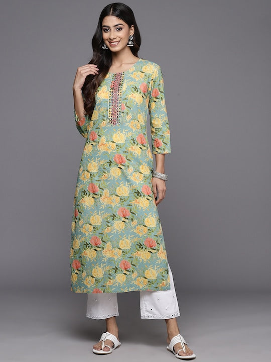 Varanga Floral Printed Mirror Work Pure Cotton Kurta