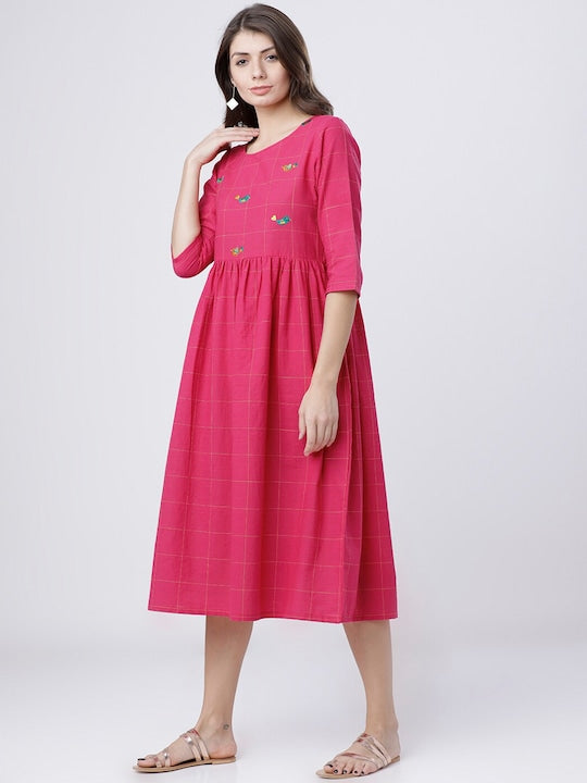 Vishudh Women Pink Checked Fit and Flare Dress