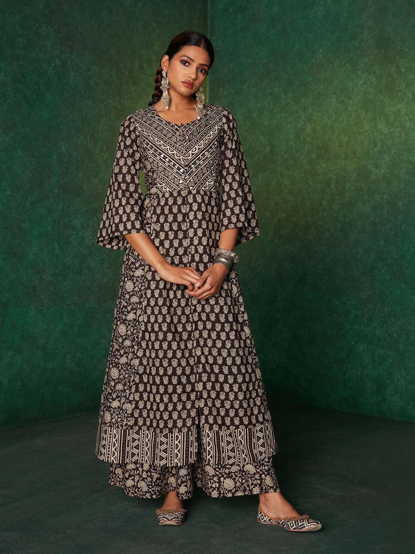 Likha Siyah Begar Black Rustic Printed Flared Co-ord Set LIKSKD135 (Set of 2)