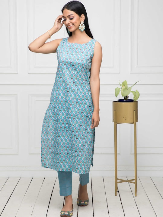 Myshka Floral Printed Sleeveless Straight Kurta