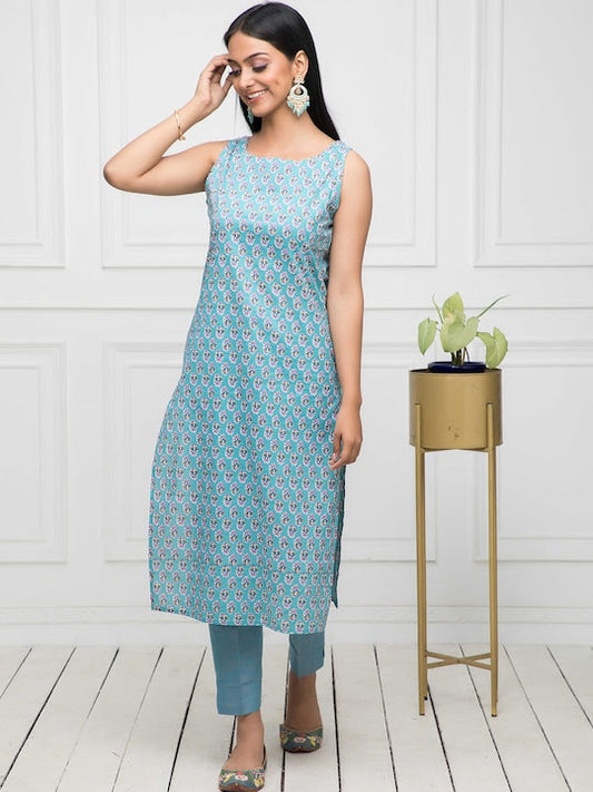 Myshka Floral Printed Sleeveless Straight Kurta