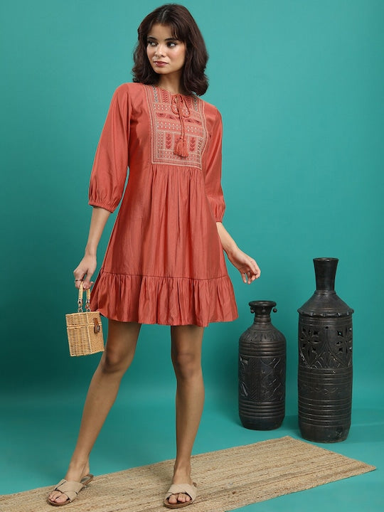 Vishudh Rust Tie-Up Neck Puff Sleeve Gathered or Pleated Fit & Flare Dress