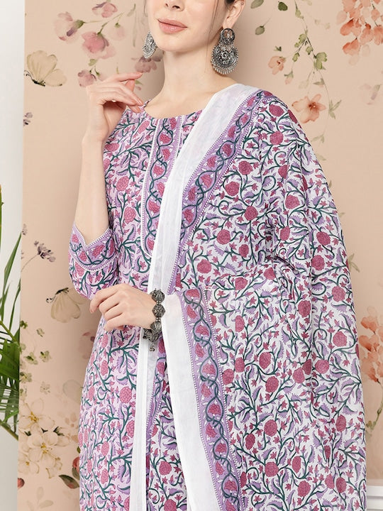 Yufta Women Floral Printed Pure Cotton Kurta with Trousers & With Dupatta