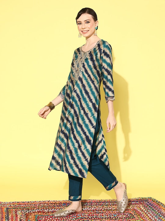 Sangria Women Leheriya Printed Regular Sequinned Kurta with Trousers & With Dupatta