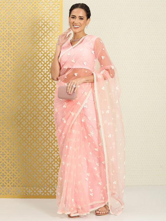 House of Pataudi Floral Embroidered Net Saree