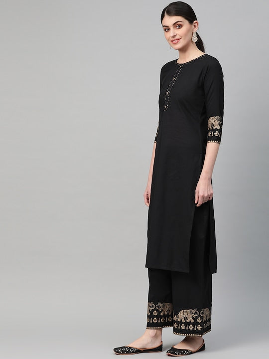 Yufta Women Black & Golden Solid Kurta with Palazzos & Dupatta