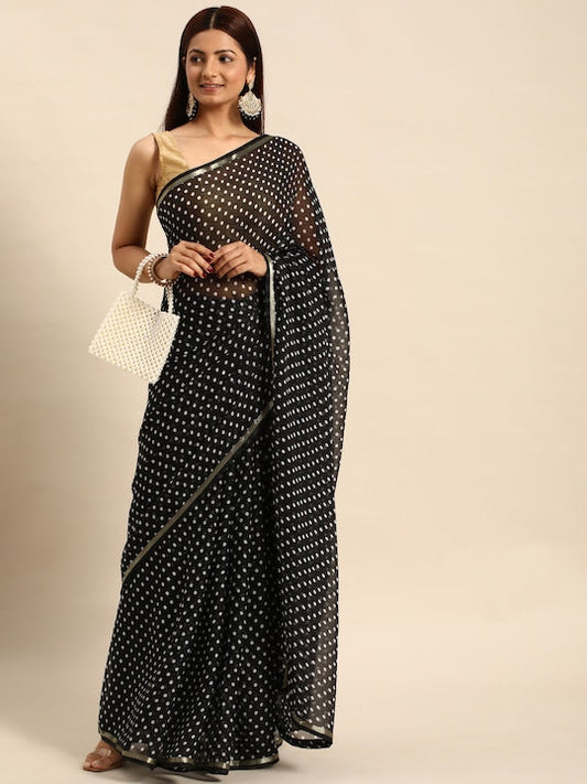 Here&now Polka Dot Zari Pure Georgette Bandhani Saree
