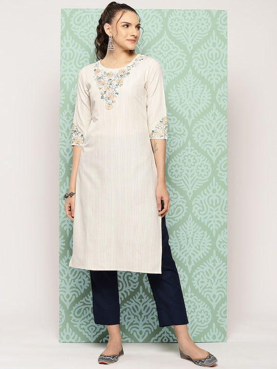Yufta Striped & Floral Embroidered Thread Work Cotton Kurta