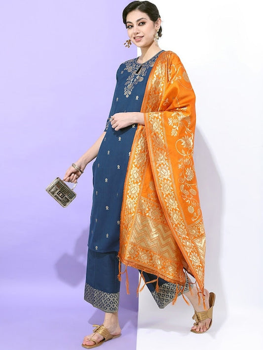 Vishudh Women Teal Floral Printed Kurta with Trousers & With Dupatta