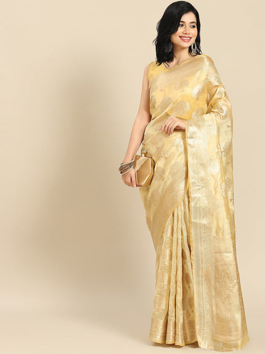 All about you Beige & Golden Woven Design Banarasi Organza Saree