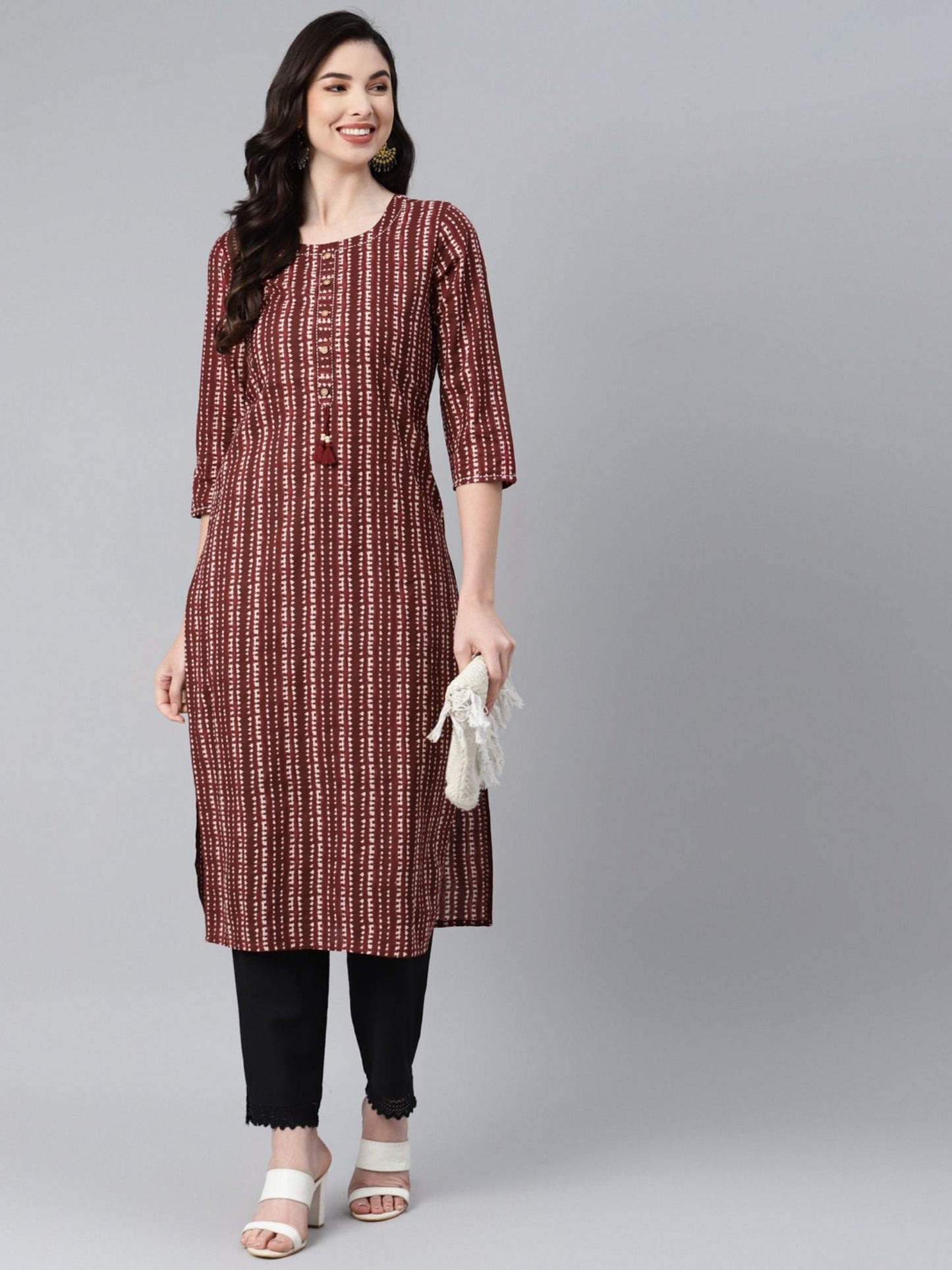 PIROH Women's Cotton Stripe Print Straight Kurta (Maroon)