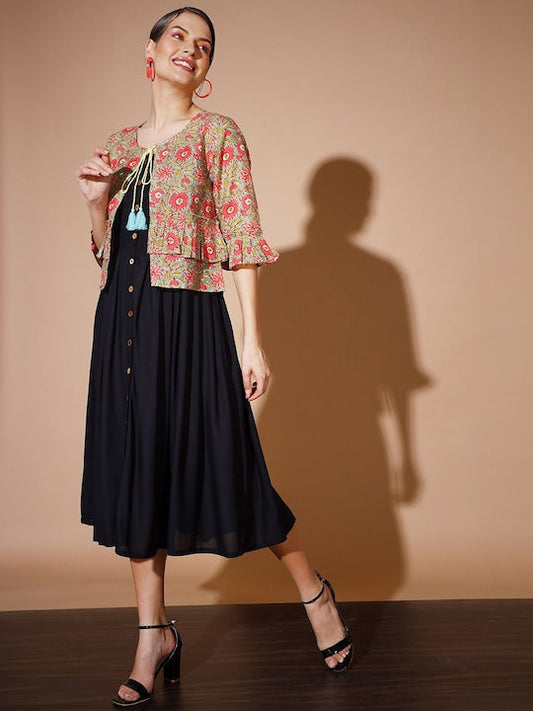 Myshka Floral A-Line Midi Dress With Jacket