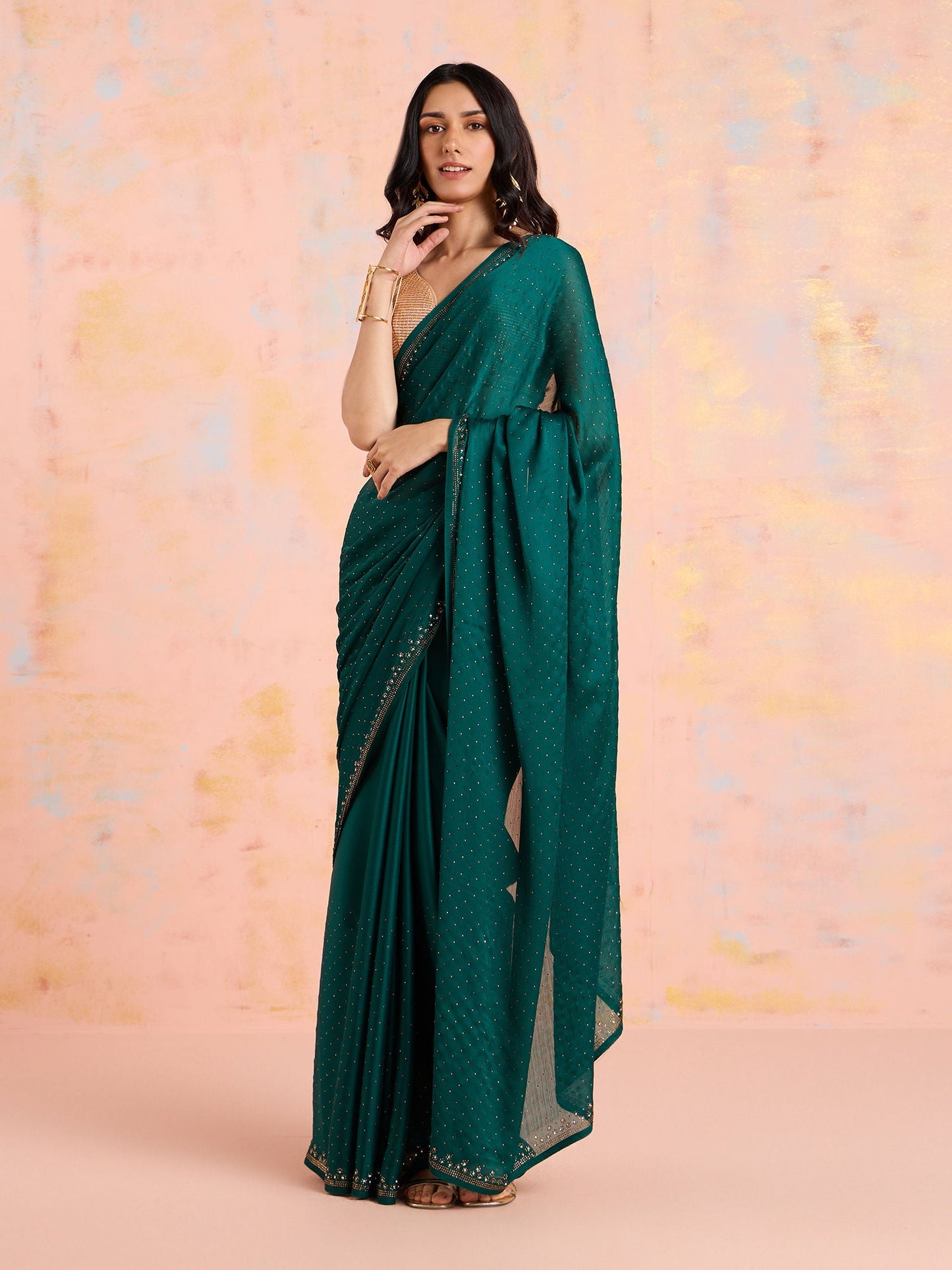Likha Green Satin Solid Embellished and Sequined Saree with Unstitched Blouse LIKSAR19 (Free Size)