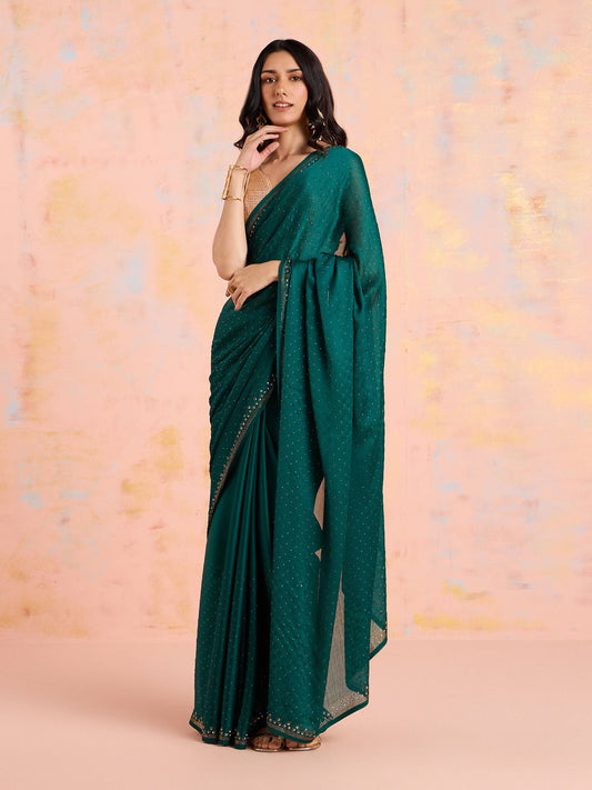 Likha Green Satin Solid Embellished and Sequined Saree with Unstitched Blouse LIKSAR19 (Free Size)