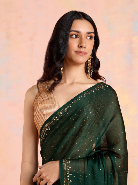 Likha Dark Green Satin Solid Embellished and Sequined Saree with Unstitched Blouse LIKSAR19 (Free Size)
