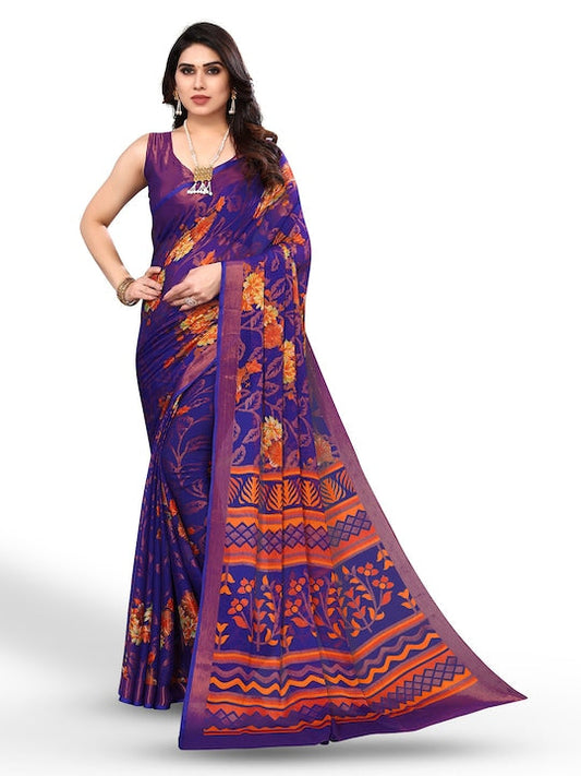 Fabmora Floral Printed Zari Pure Chiffon Saree