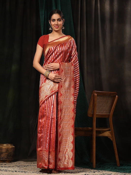 Silk Land Striped Zari Art Silk Fusion Banarasi Saree