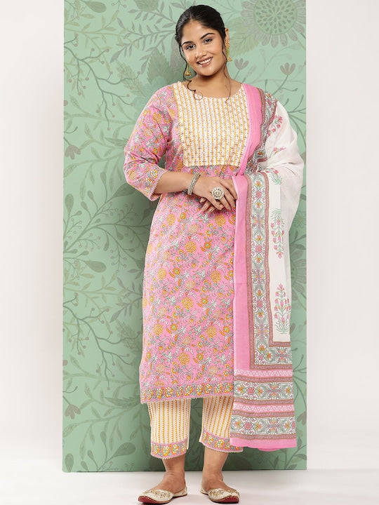 Yufta Plus Size Ethnic Motifs Printed Pure Cotton Kurta with Trousers & With Dupatta