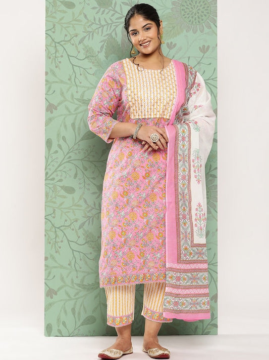 Yufta Plus Size Ethnic Motifs Printed Pure Cotton Kurta with Trousers & With Dupatta
