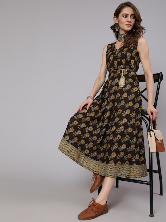 AKS Floral Printed V-Neck Sleeveless Gathered Pure Cotton Fit & Flare Midi Dress