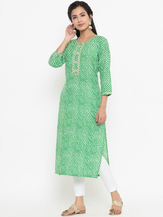 Yufta Women Green Leheriya Printed Kurta