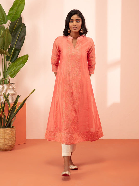 Likha Shan-E-Avadh Peach Floral Embroidered Anarkali Kurta LIKKUR139 - M