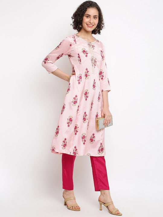 IMARA Floral Printed Sequined A-Line Kurta with Trousers