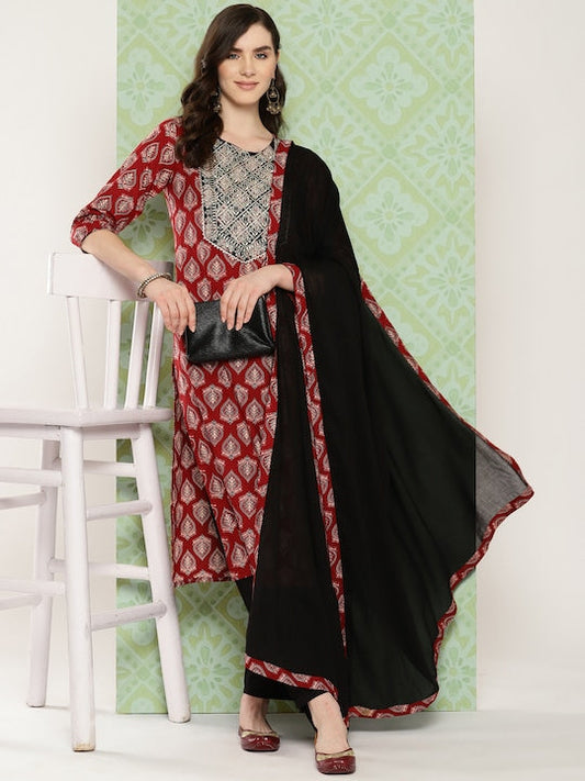 Yufta Women Ethnic Motifs Printed Regular Pure Cotton Kurta with Trousers & With Dupatta