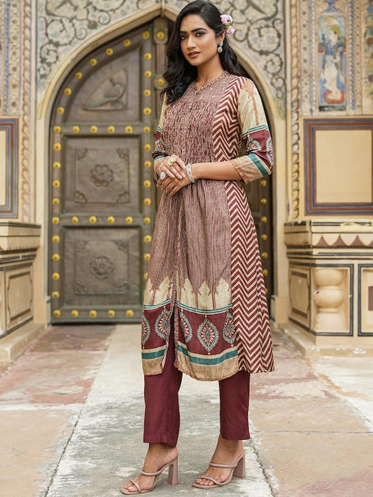 Scakhi Ethnic Motifs Printed Pleated Kurta With Trousers