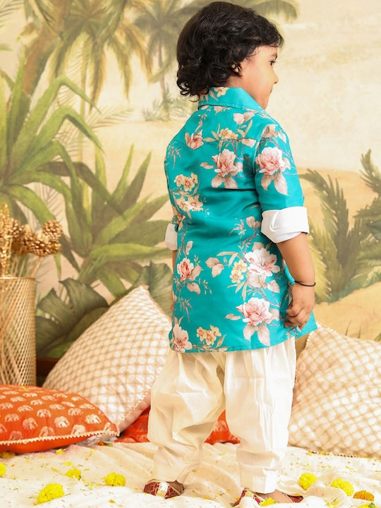 Vastramay Sishu Boys Floral Printed Shirt Collar Long Sleeve Kurta Set