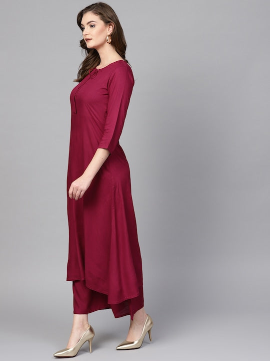 Yufta Women Burgundy Solid Kurta with Palazzos & Dupatta
