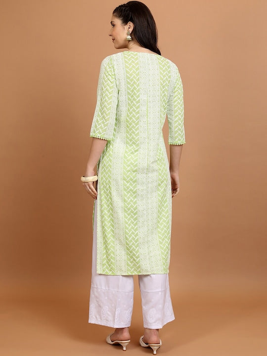Vishudh Green & White Ethnic Motifs Embroidered Straight Kurta