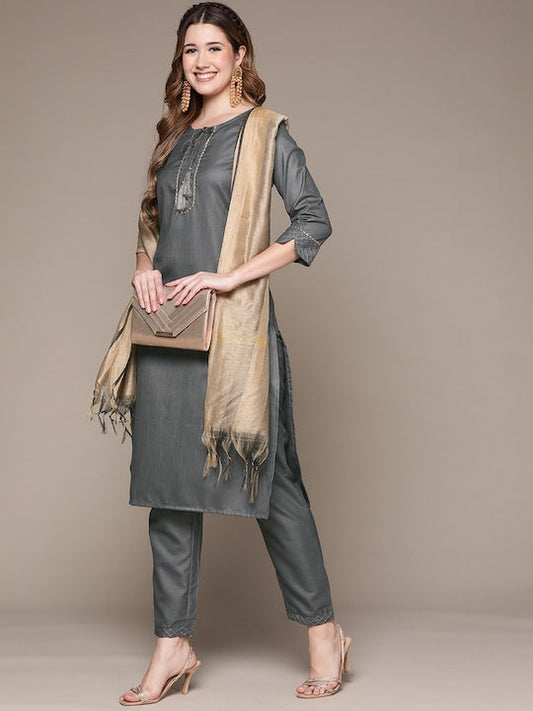 Anubhutee Women Grey Gotta Patti Kurta with Trousers & With Dupatta