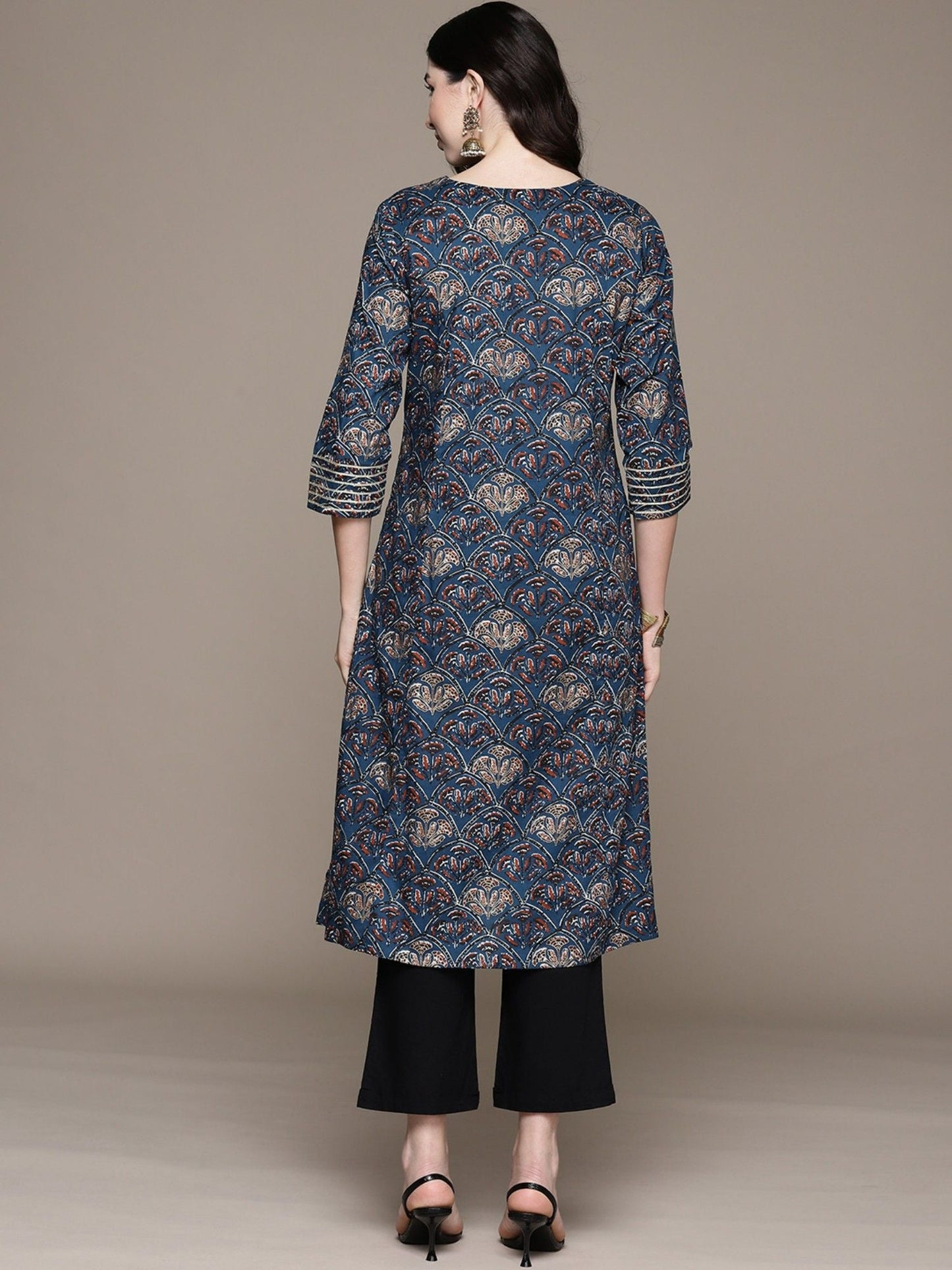 ISHIN Womens Cotton Ethnic Motifs Printed Navy Blue A-line Kurta