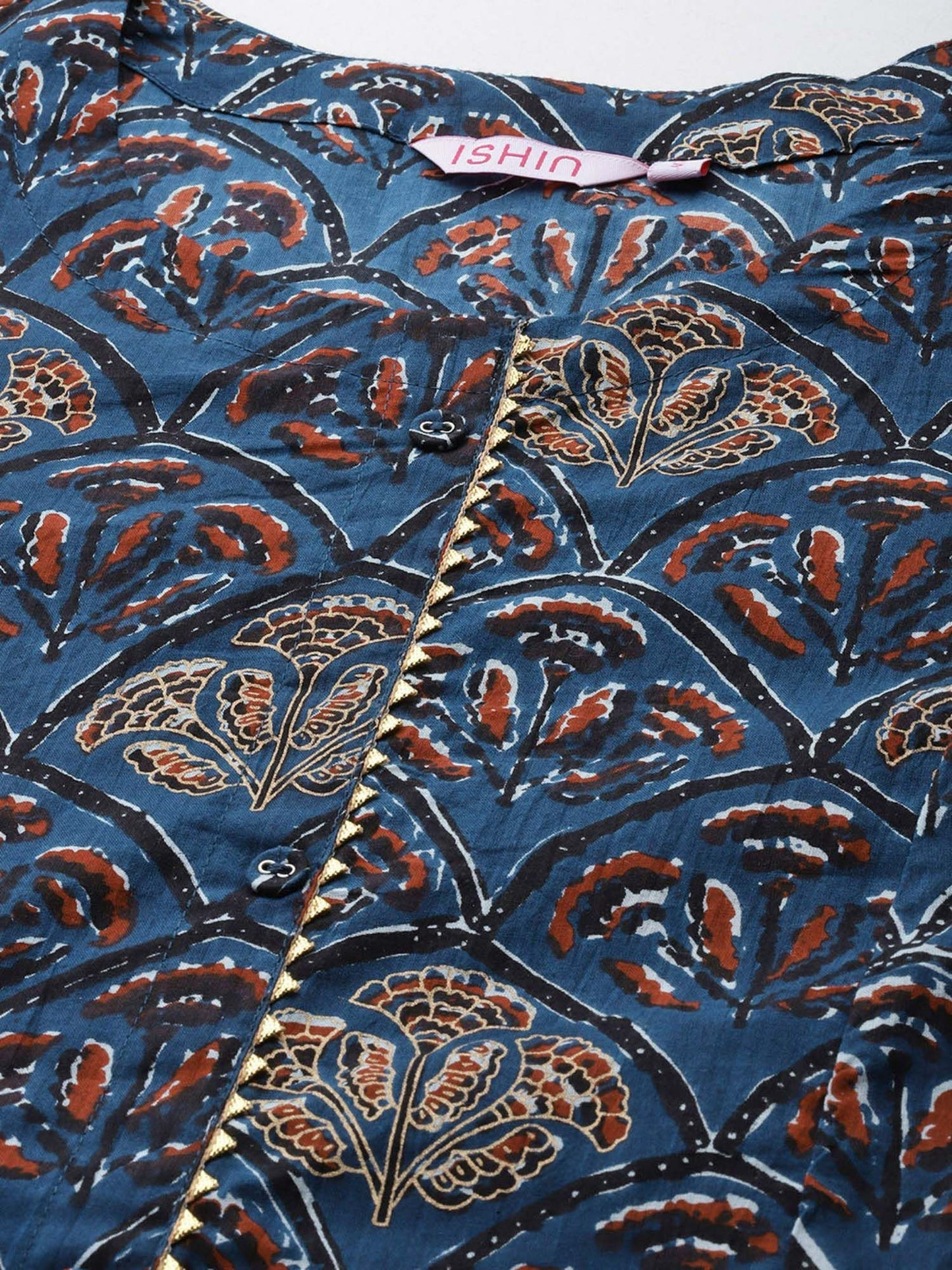 ISHIN Womens Cotton Ethnic Motifs Printed Navy Blue A-line Kurta