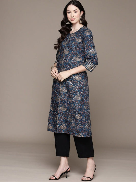 ISHIN Womens Cotton Ethnic Motifs Printed Navy Blue A-line Kurta