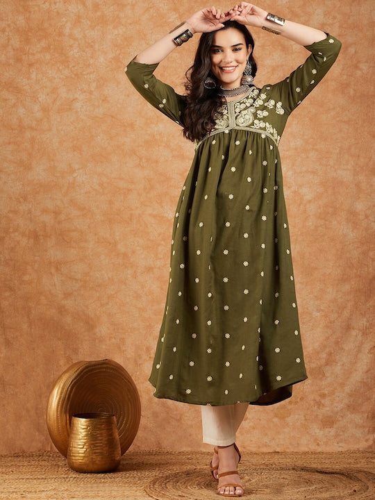 Sangria Floral Embroidered V-Neck Empire Anarkali Kurta