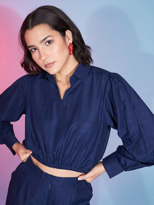 Mitera Navy Blue Ethnic Motifs Woven Design Elasticated Crop Top With Trousers