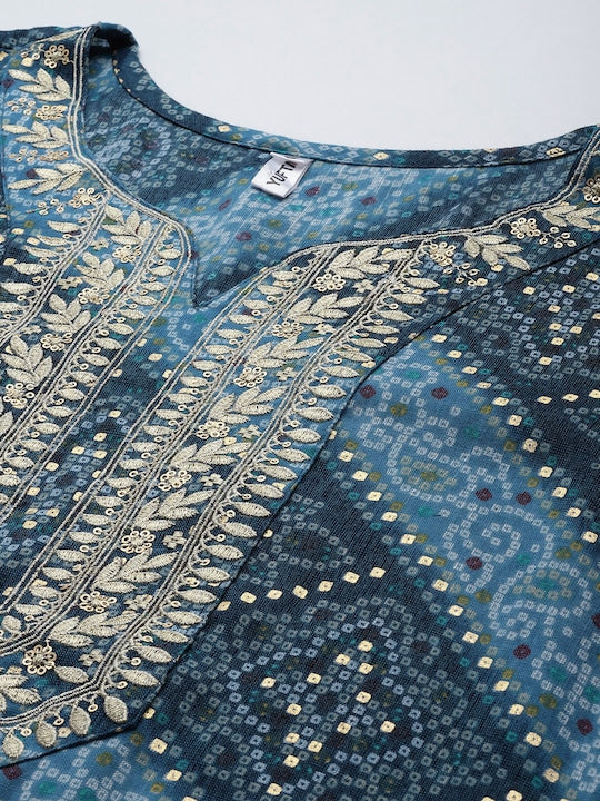 Yufta Women Blue Bandhani Printed Gotta Patti Kurta
