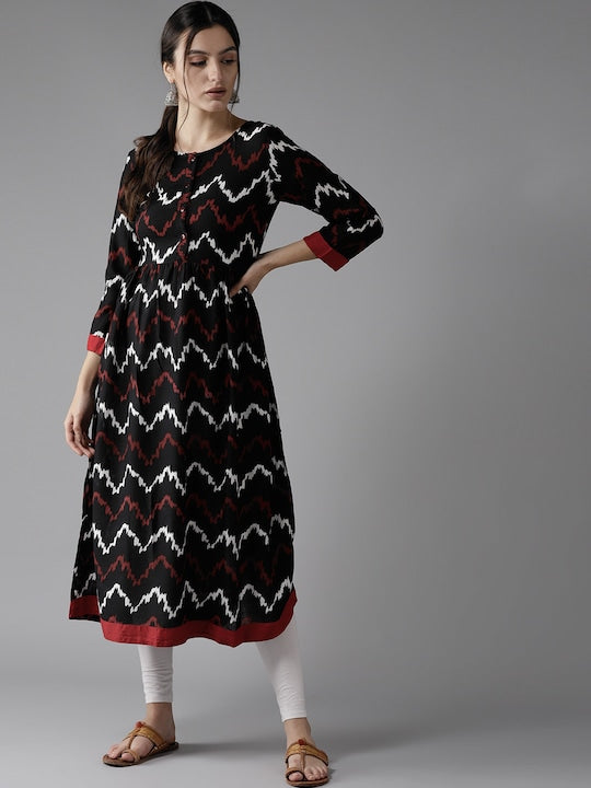 Here&now Women Black & Red Printed A-Line Kurta