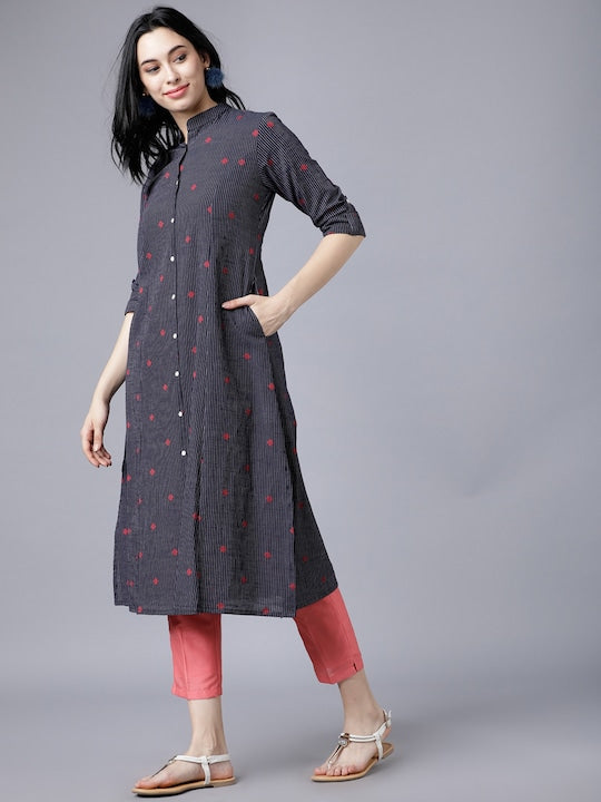 Vishudh Women Navy Blue Printed A-Line Kurta