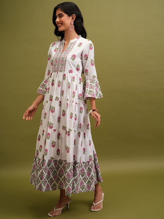 Vishudh White Floral Printed Mandarin Collar Bell Sleeves Tiered Maxi Dress