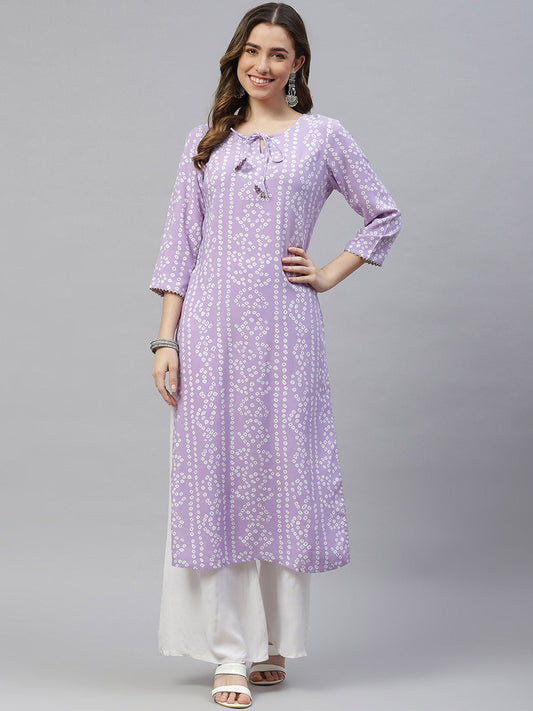 PIROH Womens Bandhej Print Rayon Kurta Purple