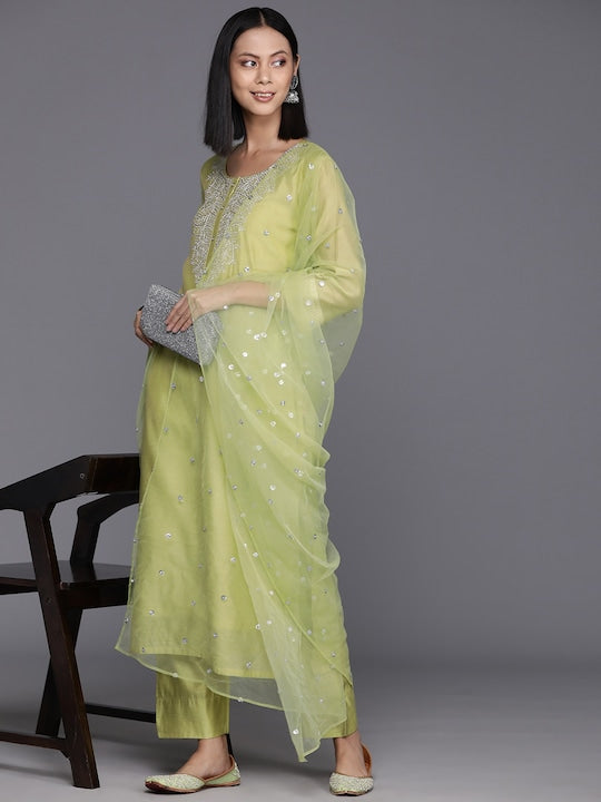 Varanga Floral Embroidered Regular Chanderi Silk Kurta with Trousers & Dupatta