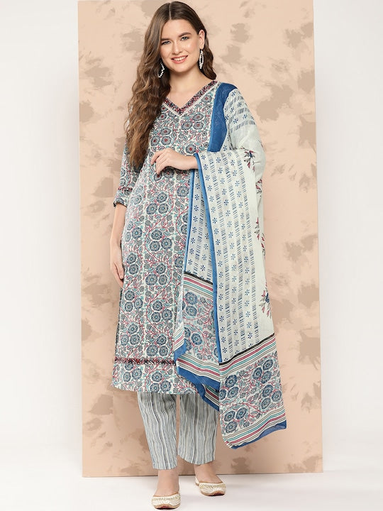 Yufta Women Floral Printed Regular Pure Cotton Kurta with Trousers & With Dupatta