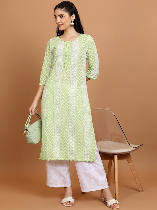 Vishudh Green & White Ethnic Motifs Embroidered Straight Kurta